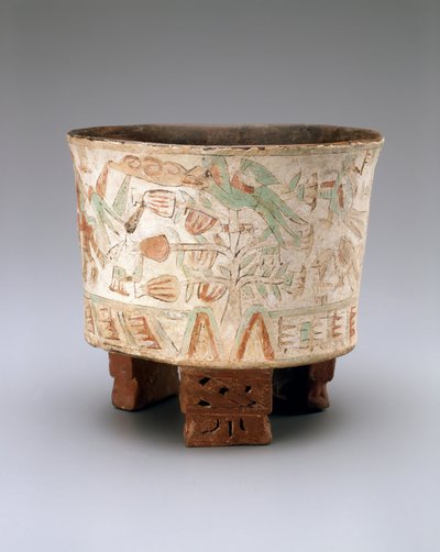 Váza na trojnožce se dvěma dmychadly a ptáky Quetzal v kakaovníku, pozdní Xolalpan, 550-650 (keramika s malovanou štukou) od Teotihuacan Teotihuacan