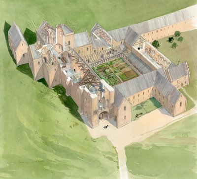Letecký pohled na Lilleshall Abbey, cca konec 15. století, c1990-2010 od Terry Ball