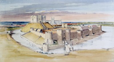 Ilustrace hradu York, Severní Yorkshire, jak to mohlo být na konci 13. století, 1985 od Terry Ball