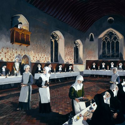 Rekonstrukce refektáře v průběhu 15. století, Denny Abbey, Cambridgeshire, 1993 od Terry Ball