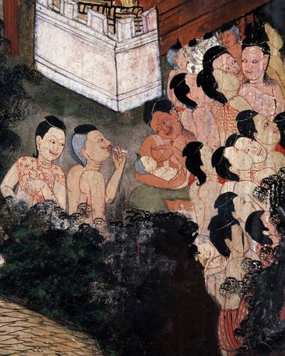 Dav sledující divadelní představení na pohřbu (nástěnná malba) od Thai School