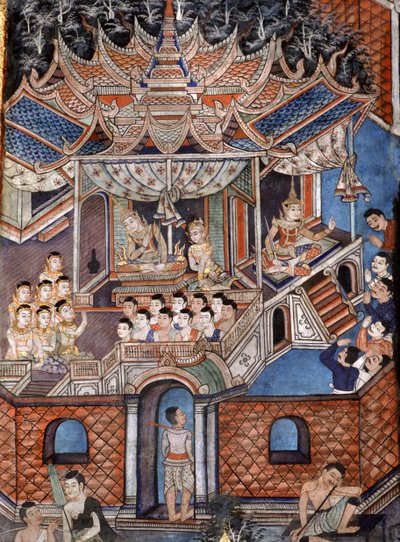 Detail nástěnných maleb Viharn laikam zobrazujících příběhy Sang Thong (nástěnná malba) od Thai School