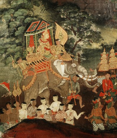Král Vessantara na bílém slonu se setkává s brahmíny, scéna z Vessantara Džataka, počátek 19. století (malované plátno) od Thai School