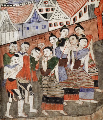 Milenci kouří, detail z nástěnné malby ve Wat Phumin (nástěnná malba) od Thai School
