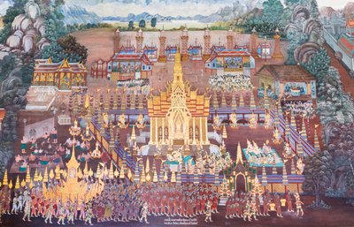 Seinämaalaus, joka kuvaa kohtauksia Ramayanasta Wat Phra Kaeossa, Kuninkaallisesta palatsista, Bangkokista, Thaimaasta od Thai School