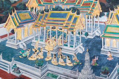 Nástěnná malba zobrazující scény z Rámájany ve Wat Phra Kaeo, královský velký palác, Bangkok, Thajsko od Thai School