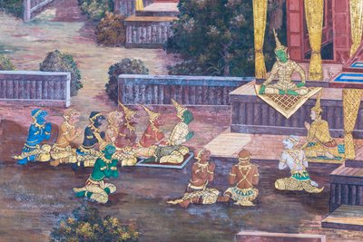 Nástěnná malba zobrazující scény z Rámájany ve Wat Phra Kaeo, královský velký palác, Bangkok, Thajsko od Thai School