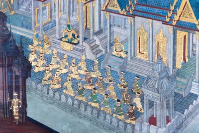 Nástěnná malba zobrazující scény z Rámájany ve Wat Phra Kaeo, královský velký palác, Bangkok, Thajsko od Thai School