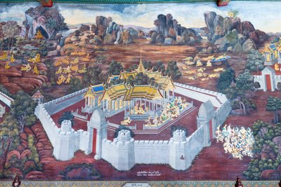 Nástěnná malba zobrazující scény z Rámájany ve Wat Phra Kaeo, královský velký palác, Bangkok, Thajsko od Thai School