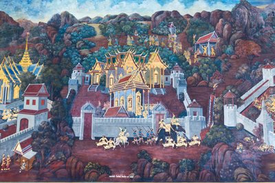 Nástěnná malba zobrazující scény z Rámájany ve Wat Phra Kaeo, královský velký palác, Bangkok, Thajsko od Thai School