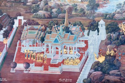 Seinämaalaus, joka kuvaa kohtauksia Ramayanasta Wat Phra Kaeossa, Kuninkaallisesta palatsista, Bangkokista, Thaimaasta od Thai School