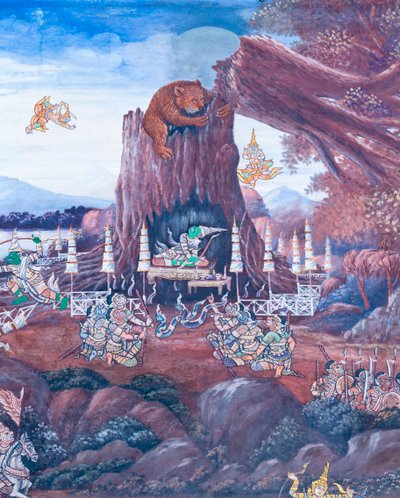 Nástěnná malba zobrazující scény z Rámájany ve Wat Phra Kaeo, královský velký palác, Bangkok, Thajsko od Thai School