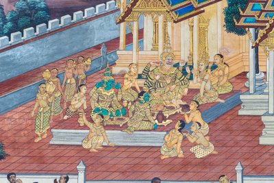 Nástěnná malba zobrazující scény z Rámájany ve Wat Phra Kaeo, královský velký palác, Bangkok, Thajsko od Thai School