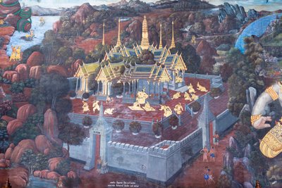 Nástěnná malba zobrazující scény z Rámájany ve Wat Phra Kaeo, královský velký palác, Bangkok, Thajsko od Thai School