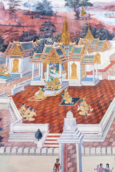 Nástěnná malba zobrazující scény z Rámájany ve Wat Phra Kaeo, královský velký palác, Bangkok, Thajsko od Thai School