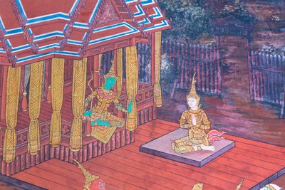 Nástěnná malba zobrazující scény z Rámájany ve Wat Phra Kaeo, královský velký palác, Bangkok, Thajsko od Thai School