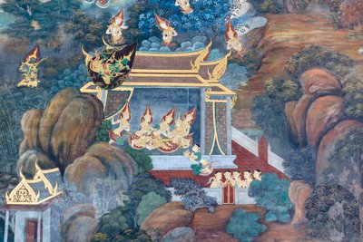 Nástěnná malba zobrazující scény z Rámájany ve Wat Phra Kaeo, královský velký palác, Bangkok, Thajsko od Thai School