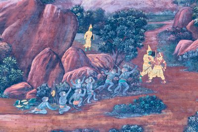 Seinämaalaus, joka kuvaa kohtauksia Ramayanasta Wat Phra Kaeossa, Kuninkaallisesta palatsista, Bangkokista, Thaimaasta od Thai School
