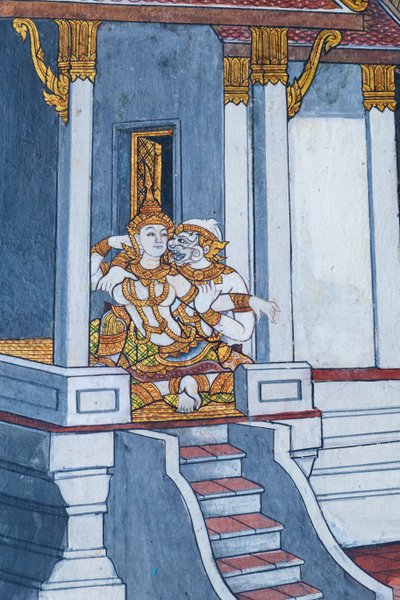 Nástěnná malba zobrazující scény z Rámájany ve Wat Phra Kaeo, královský velký palác, Bangkok, Thajsko od Thai School