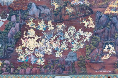 Seinämaalaus, joka kuvaa kohtauksia Ramayanasta Wat Phra Kaeossa, Kuninkaallisesta palatsista, Bangkokista, Thaimaasta od Thai School