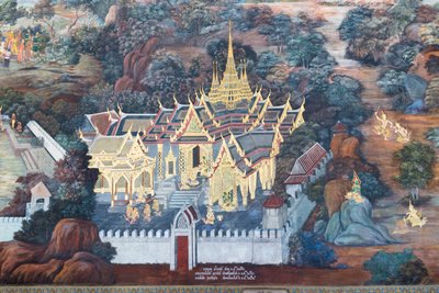 Seinämaalaus, joka kuvaa kohtauksia Ramayanasta Wat Phra Kaeossa, Kuninkaallisesta palatsista, Bangkokista, Thaimaasta od Thai School