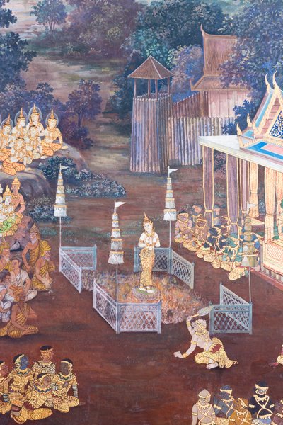 Nástěnná malba zobrazující scény z Rámájany ve Wat Phra Kaeo, královský velký palác, Bangkok, Thajsko od Thai School