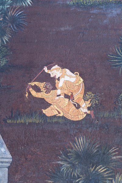 Nástěnná malba zobrazující scény z Rámájany ve Wat Phra Kaeo, královský velký palác, Bangkok, Thajsko od Thai School