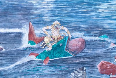 Seinämaalaus, joka kuvaa kohtauksia Ramayanasta Wat Phra Kaeossa, Kuninkaallisesta palatsista, Bangkokista, Thaimaasta od Thai School