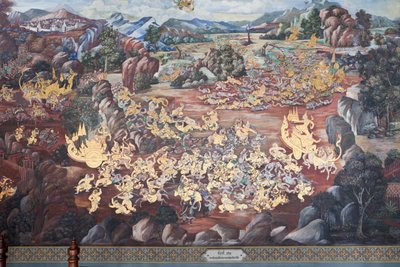 Nástěnné malby zobrazující scény z Ramakian ve Wat Phra Kaeo, královský velký palác, Bangkok, Thajsko od Thai School