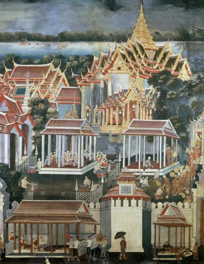 Obětiny mnichům v chrámu Smaragdového Buddhy, 1864 (nástěnná malba) od Thai School