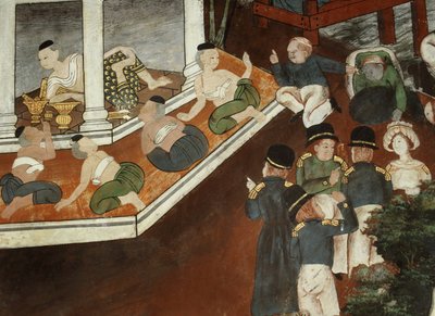 Palácová dáma přijímá muslimské obchodníky a západní námořníky, škola v Rattanakosinu (nástěnná malba) od Thai School