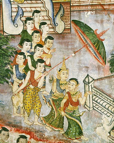 Wiharn Laikarn, epizoda z Jataka Sang Thong (freska) od Thai School