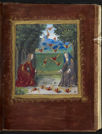 Stowe 955 f.13r Služky a okřídlená srdce, miniatura z „Petit Livre d