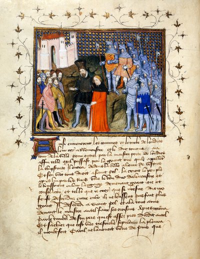 (Celé folio) Král Richard II., vedený zajatcem Henrym Bolingbrokem do Londýna, se vzdává trůnu; zdobený okraj s textem níže. od The Virgil Master