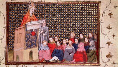 Harl 1319 f.12 Arcibiskup Arundel káže ve věci Jindřicha, z „Histoire du Roy d