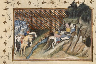 Harley 1319, f.9 Art Mór jede na setkání s hrabětem z Gloucesteru, z „La Prinse et Mort du Roy Richart“ (Kniha o zajetí a smrti krále Richarda II.) od Jean Creton od The Virgil Master