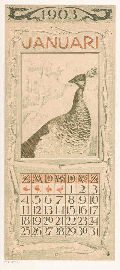 List kalendáře ledna s pávem Kalendář 1903 12 litografií Th. v. Hoytema (název série) od Theo van Hoytema