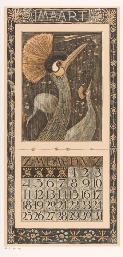 Kalendářní list březen s korunovými jeřáby Kalendář 1906 12 litografie Th. v. Hoytema (název série) od Theo van Hoytema