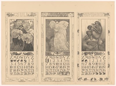 Kalendáře na červenec, srpen a listopad 1910 od Theo van Hoytema