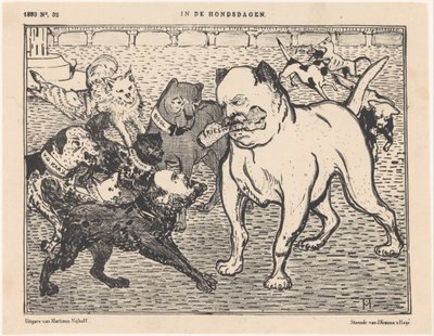 Karikatura o volebním zákonu od Johannese Tak van Poortvliet Na psích dnech (název na objektu) od Theo van Hoytema