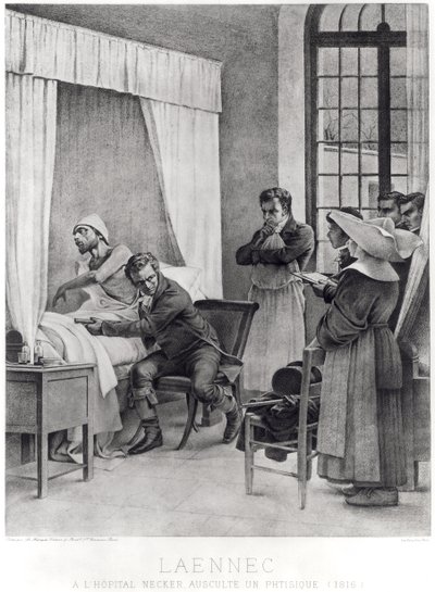 Rene Theophile Hyacinthe Laennec (1781-1826) poslouchající hruď muže se spotřebou, 1816 od Theobald Chartran