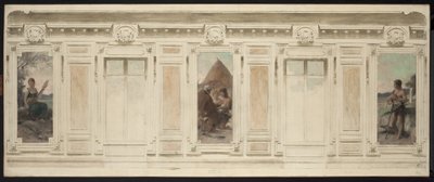 Náčrt svatební síně na radnici v Courbevoie: Fileuse. Svatba. Berger, 1884 (olej na plátně) od Theobald Chartran