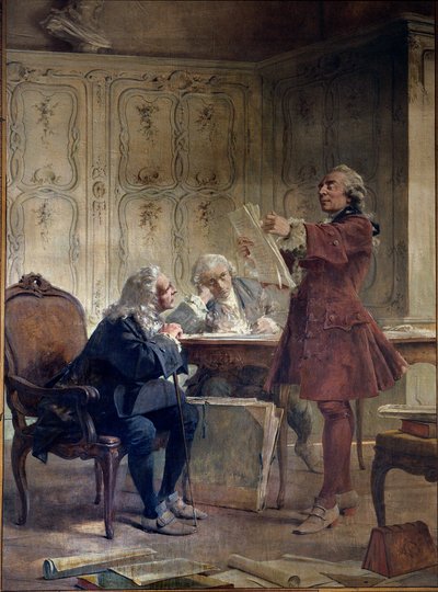 Přírodovědec a intendant Jardin du roi Georges-Louis Leclerc, hrabě z Buffonu (1707-1788) čte první listy své přírodovědné dohody před botanikem Bernardem de Jussieu (1699-1777) a přírodovědcem Edme-Louisem. Daubenton (1732–1717) od Theobald Chartran