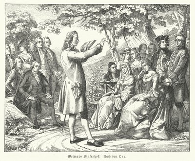 Výmarský dvůr múz: německý básník a dramatik Friedrich Schiller čte na zámku Tiefurt, mezi těmi, kdo poslouchají Christoph Martin Wieland, Johann Wolfgang Goethe a Johann Gottfried Herder (rytina) od Theobald Reinhold von Oer