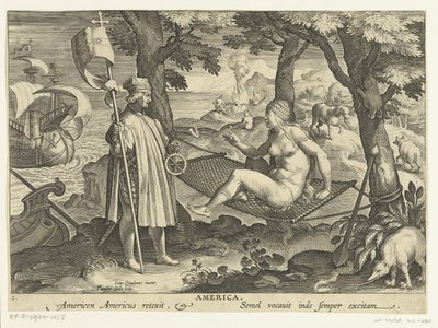 Amerigo Vespucci se vydává do Ameriky Amerika. Americas Americas retexit. Semel vocauit inde sempre excitam (název na objektu) Nové vynálezy a objevy (název série) Nova Reperta (název seriálu) od Theodoor Galle
