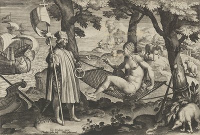 Nové vynálezy moderní doby [Nova Reperta], Objevení Ameriky, deska 1, ca. ..., ca. 1600. od Theodoor Galle
