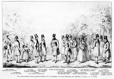 Setkání pruského krále Friedricha Wilhelma III. s diplomaty, vojáky a učenými muži v lázeňském městě Teplitz v roce 1833, 1833 od Theodor Hosemann