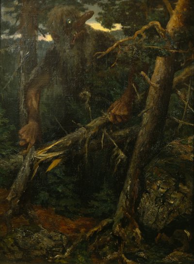 Starý troll lámající stromy v lese od Theodor Kittelsen