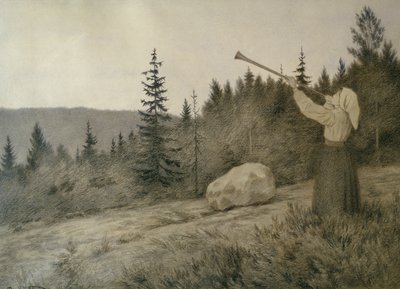 Nahoře pod horou zní dřevěný dechový nástroj od Theodor Kittelsen