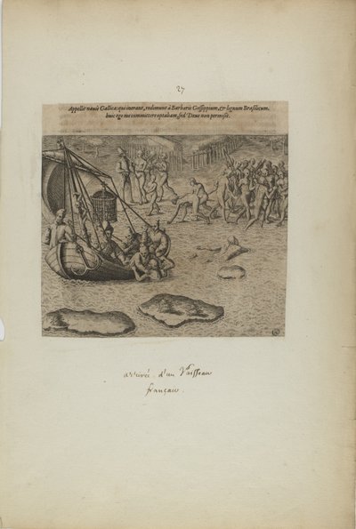 Appellit navis gallicai: qui inerant, redimunt a barbaris gossip pium... (z knihy Americae, část třetí) od Theodor de Bry